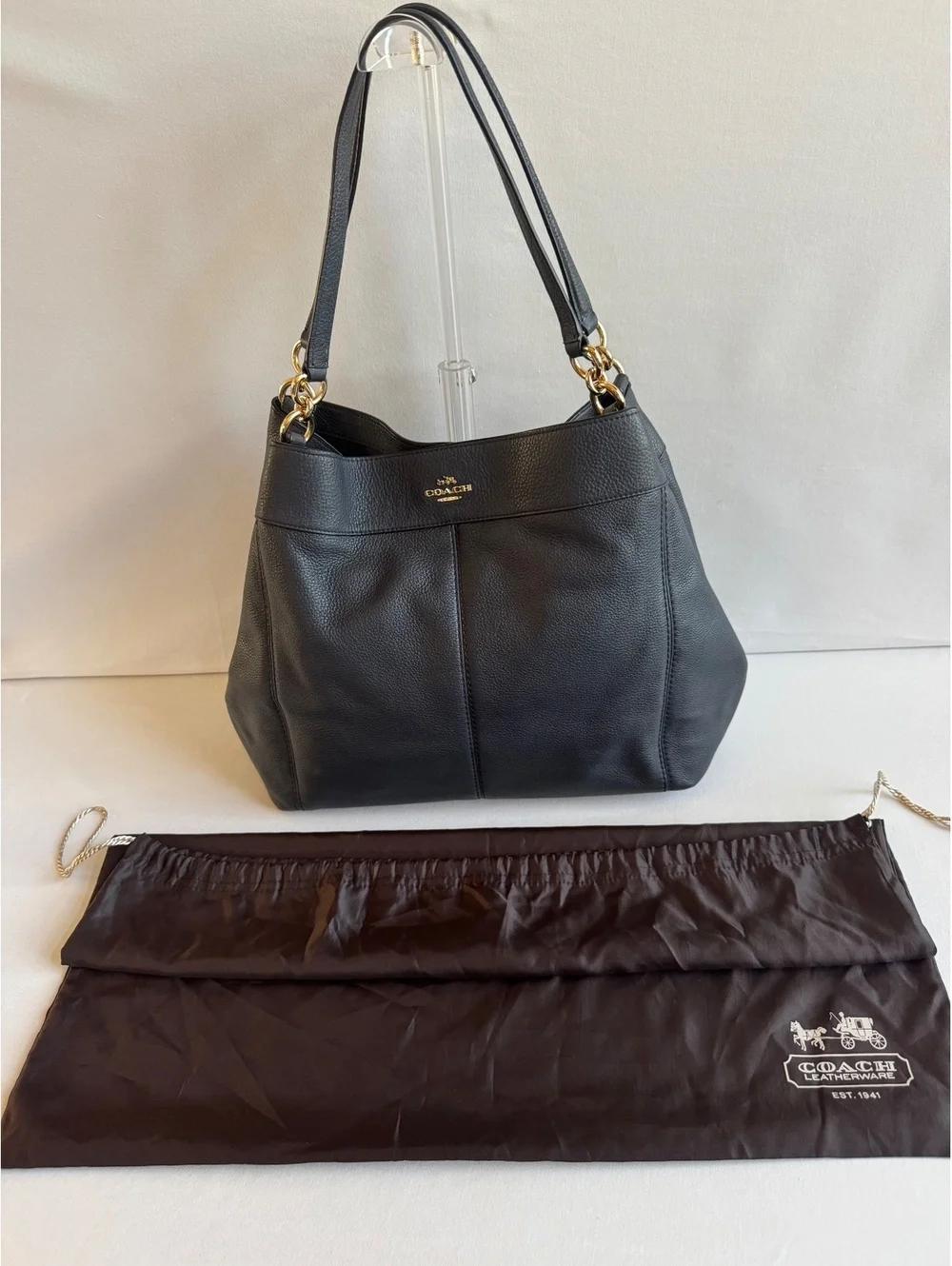 Coach Black Pebbled Leather Shoulder Bag Gold Chain Handles Hobo Purse F29501